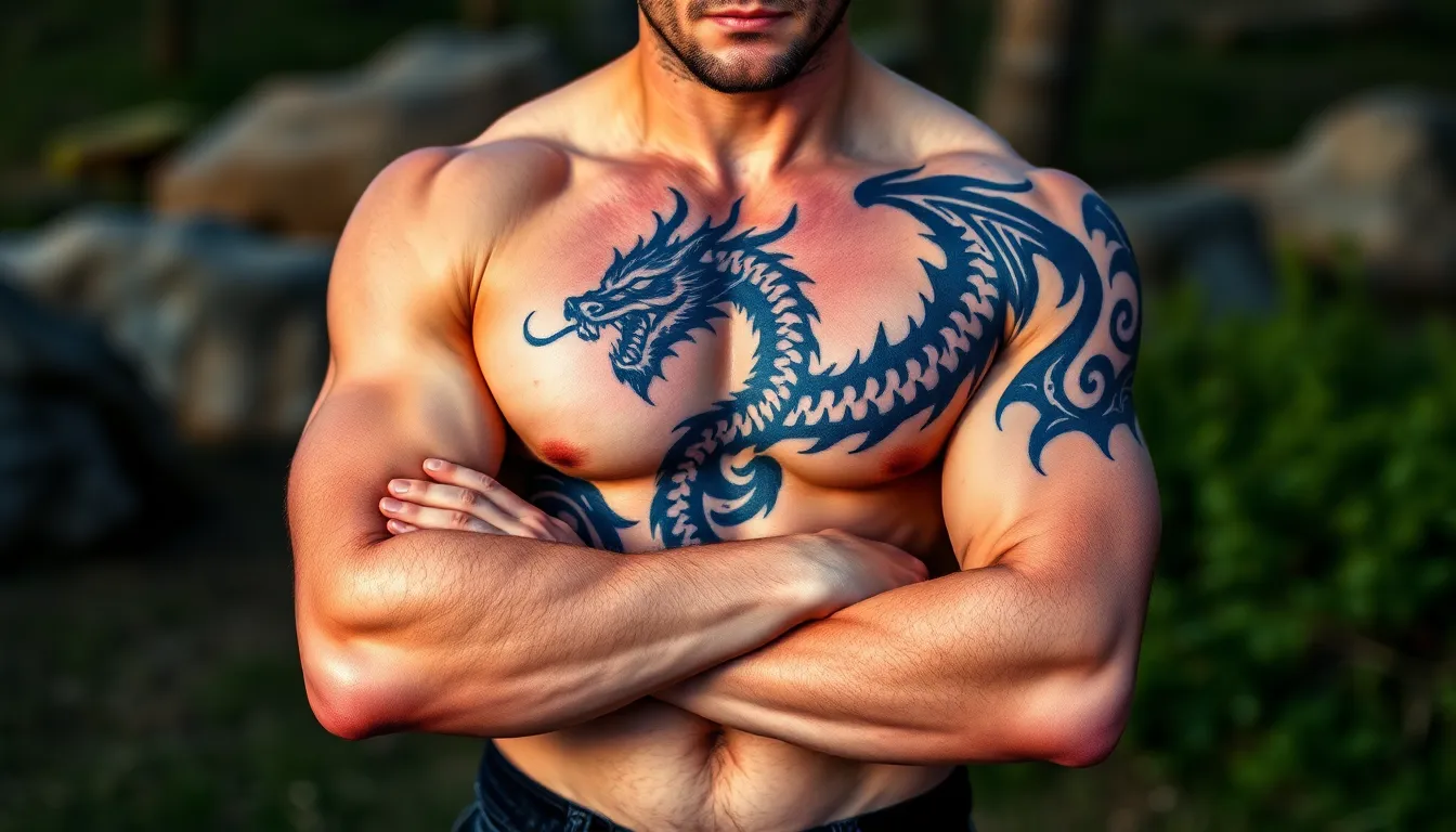 50 Epic Chest Dragon Tattoo Ideas for Men: Designs, Meanings & Placement Tips 4 50 Epic Chest Dragon Tattoo Ideas for Men: Designs, Meanings & Placement Tips 3