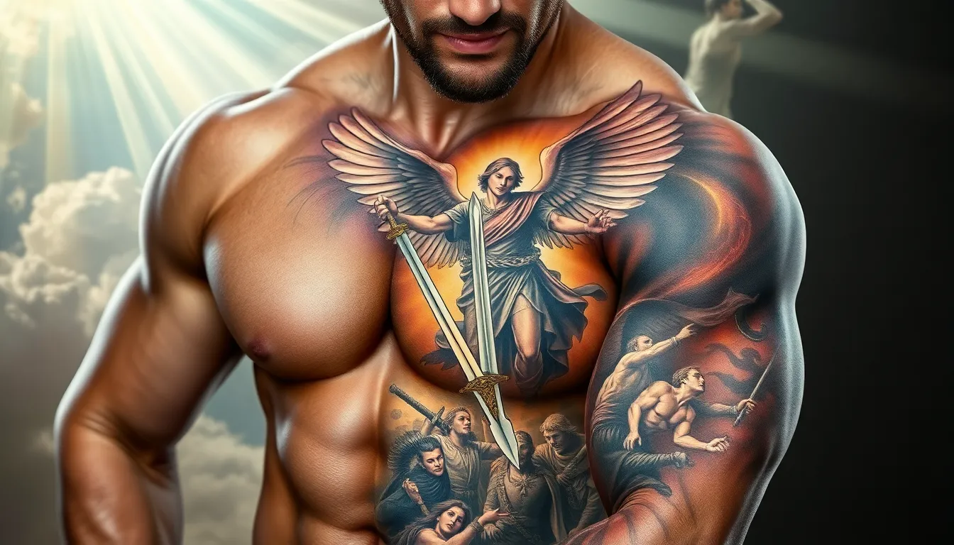 50 Powerful Archangel Michael Tattoo Ideas for Men: Designs That Inspire Protection 6 50 Powerful Archangel Michael Tattoo Ideas for Men: Designs That Inspire Protection 5