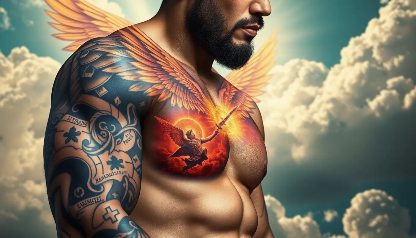 50 Powerful Angel Sleeve Tattoo Ideas for Men - Guardian to Fallen Angel Designs 6 50 Powerful Angel Sleeve Tattoo Ideas for Men - Guardian to Fallen Angel Designs 5