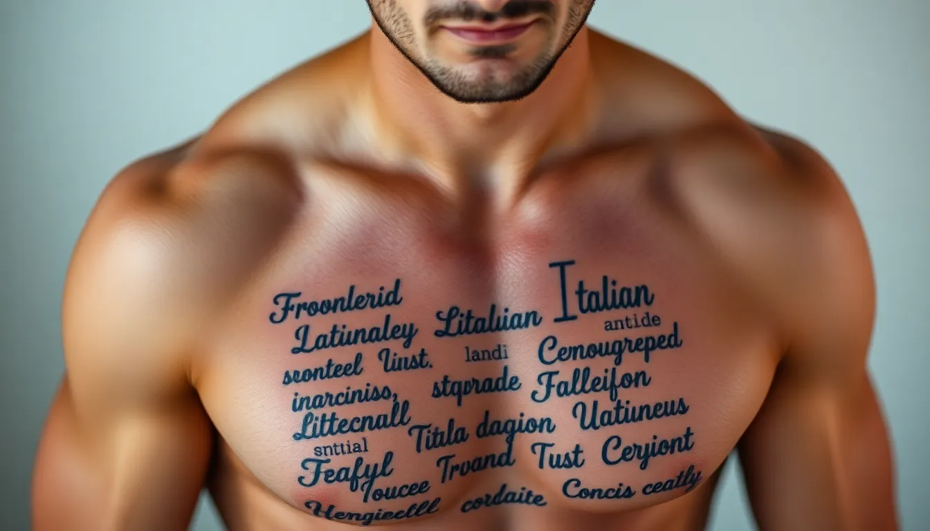 50 Bold Chest Tattoo Ideas for Men: Powerful Words That Make a Statement 8 50 Bold Chest Tattoo Ideas for Men: Powerful Words That Make a Statement 7