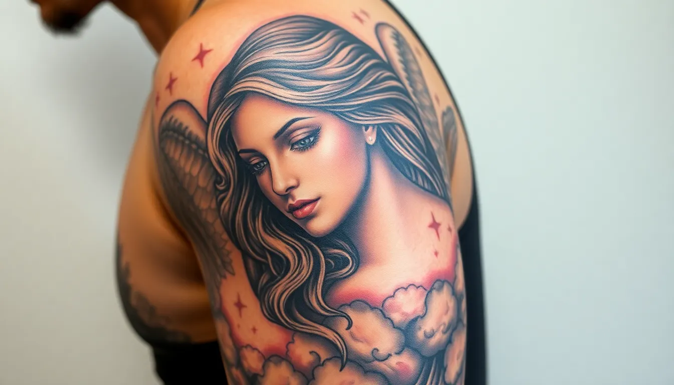50 Powerful Angel Sleeve Tattoo Ideas for Men - Guardian to Fallen Angel Designs 8 50 Powerful Angel Sleeve Tattoo Ideas for Men - Guardian to Fallen Angel Designs 7