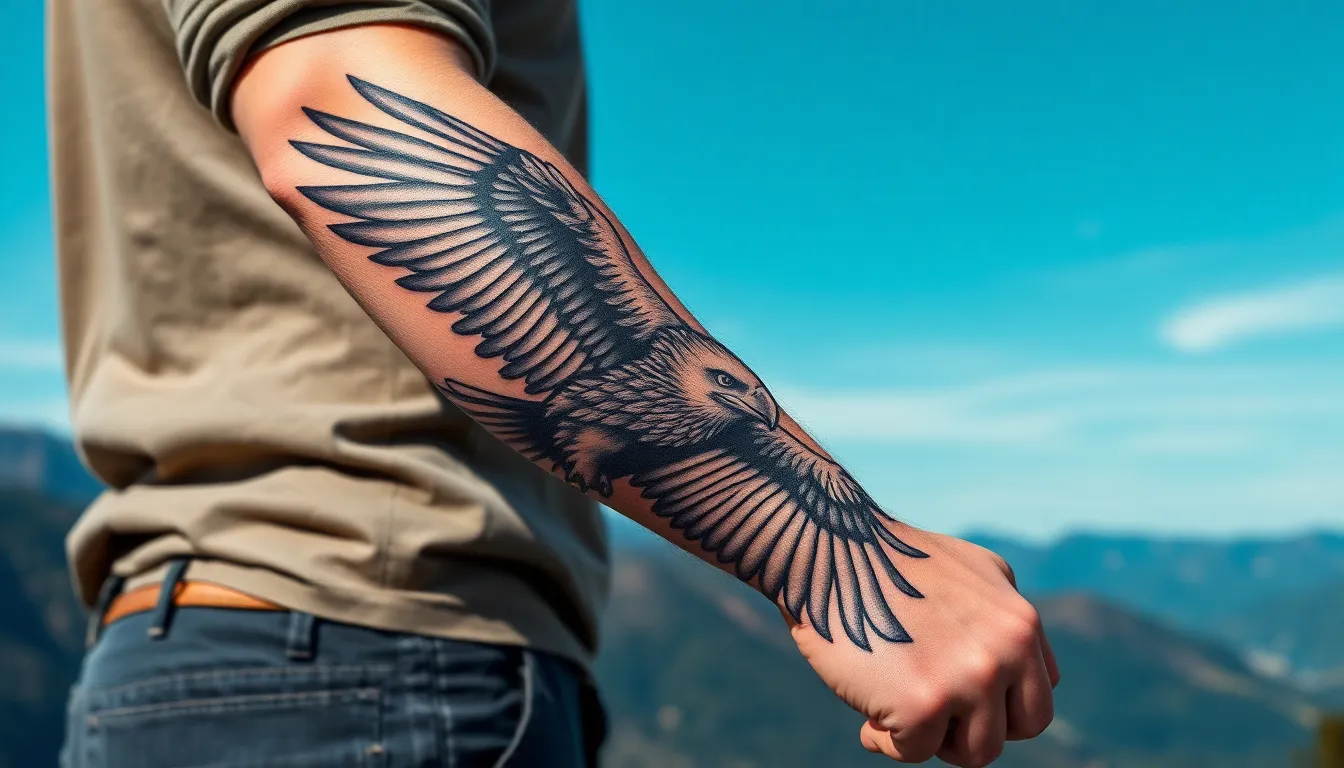 50 Powerful Eagle Forearm Tattoo Ideas for Men: Designs, Meanings & Placement Tips 12 50 Powerful Eagle Forearm Tattoo Ideas for Men: Designs, Meanings & Placement Tips 11