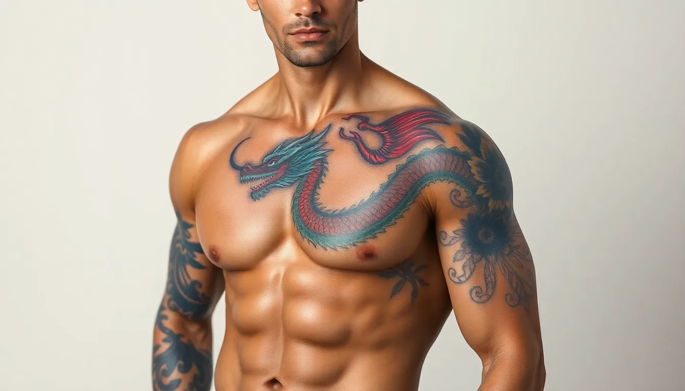 50 Epic Chest Dragon Tattoo Ideas for Men: Designs, Meanings & Placement Tips 14 50 Epic Chest Dragon Tattoo Ideas for Men: Designs, Meanings & Placement Tips 13