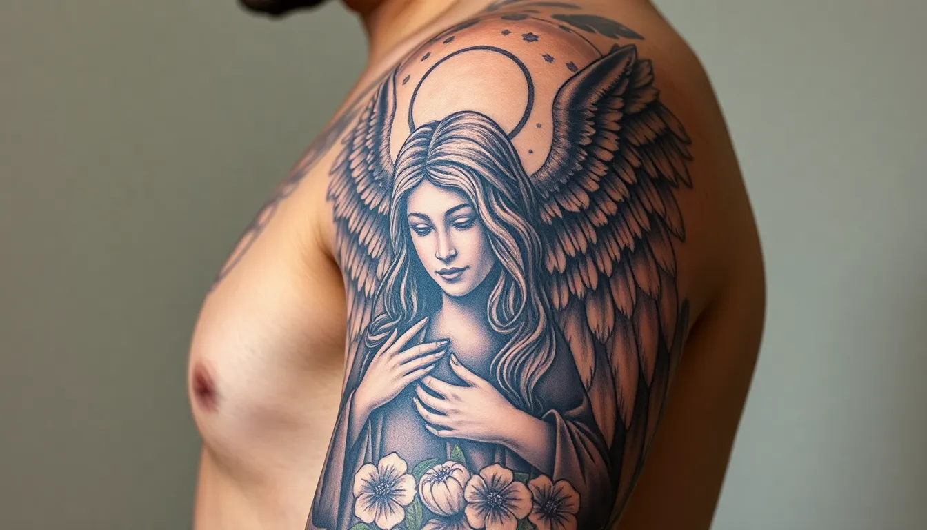 50 Powerful Angel Sleeve Tattoo Ideas for Men - Guardian to Fallen Angel Designs 14 50 Powerful Angel Sleeve Tattoo Ideas for Men - Guardian to Fallen Angel Designs 13