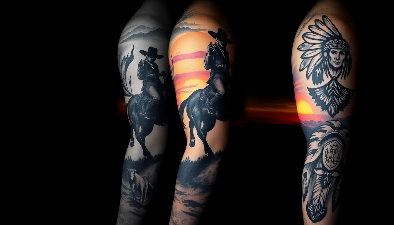 50+ Epic Western Sleeve Tattoo Ideas for Men (Cowboys, Outlaws & More) 14 50+ Epic Western Sleeve Tattoo Ideas for Men (Cowboys, Outlaws & More) 13