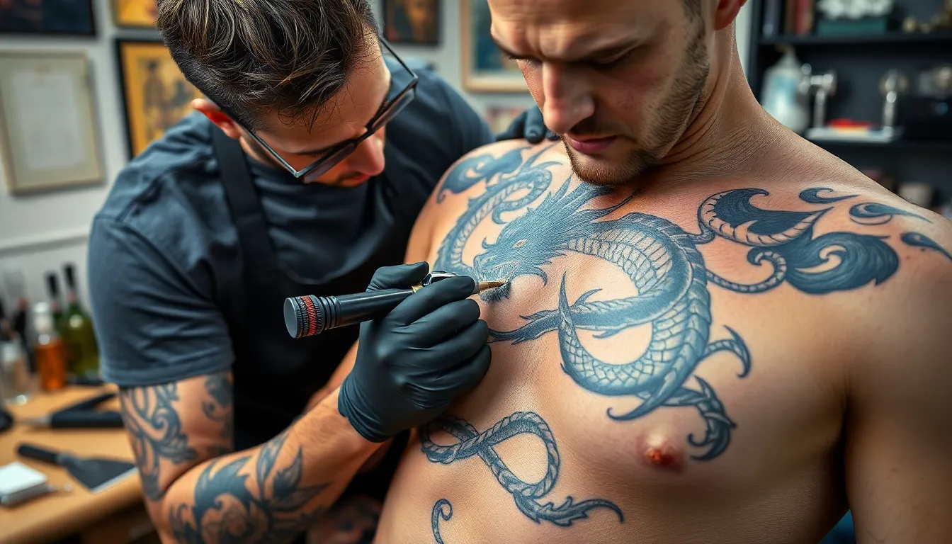 50 Epic Chest Dragon Tattoo Ideas for Men: Designs, Meanings & Placement Tips 16 50 Epic Chest Dragon Tattoo Ideas for Men: Designs, Meanings & Placement Tips 15