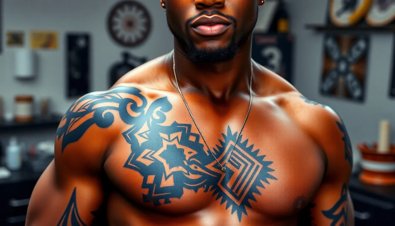 50 Bold Half Chest Tattoo Ideas for Black Men: Cultural & Modern Designs That Pop 16 50 Bold Half Chest Tattoo Ideas for Black Men: Cultural & Modern Designs That Pop 15