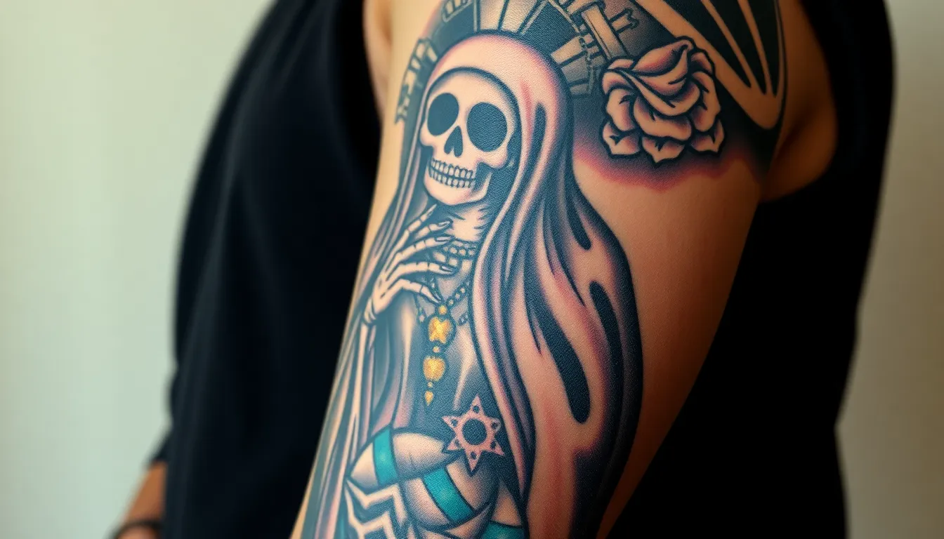 Santa Muerte Tattoo for Men: 50+ Powerful Designs & Meanings Guide 2025 16 Santa Muerte Tattoo for Men: 50+ Powerful Designs & Meanings Guide 2025 15