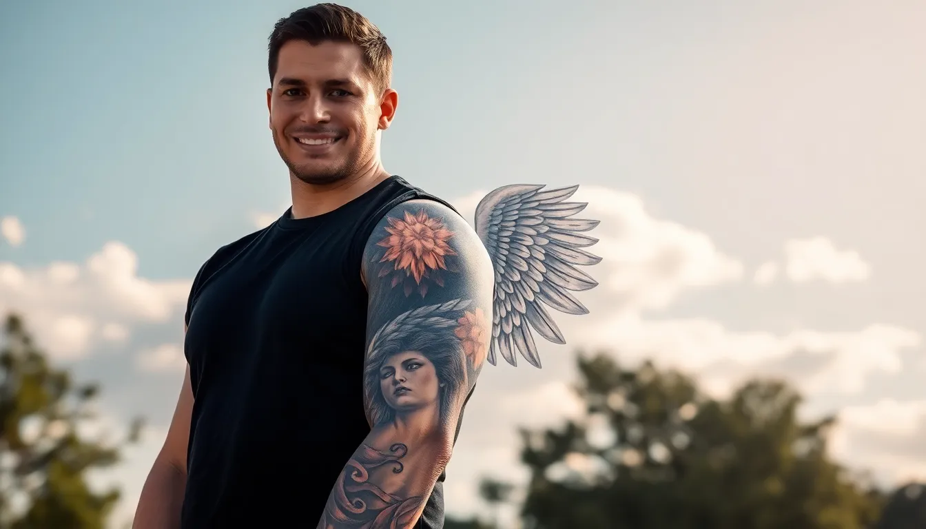 50 Powerful Angel Sleeve Tattoo Ideas for Men - Guardian to Fallen Angel Designs 18 50 Powerful Angel Sleeve Tattoo Ideas for Men - Guardian to Fallen Angel Designs 17