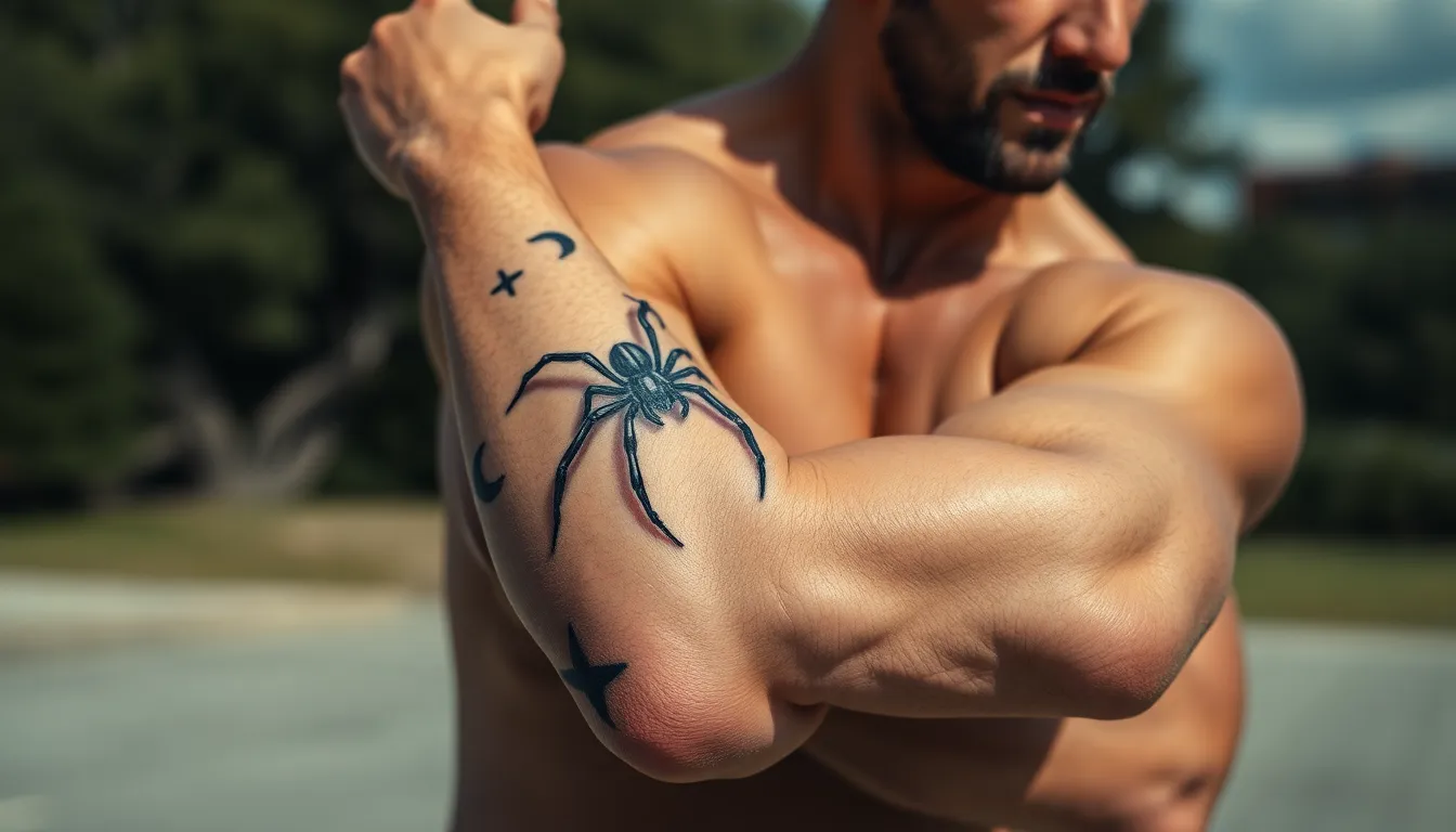 50 Bold Spider Tattoo Ideas for Men: From Black Widows to Geometric Designs 18 50 Bold Spider Tattoo Ideas for Men: From Black Widows to Geometric Designs 17
