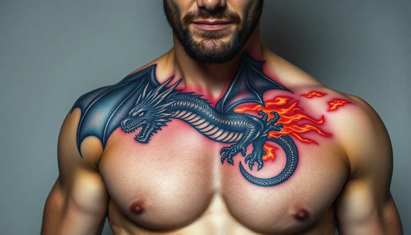 50 Epic Chest Dragon Tattoo Ideas for Men: Designs, Meanings & Placement Tips 2 50 Epic Chest Dragon Tattoo Ideas for Men: Designs, Meanings & Placement Tips 1