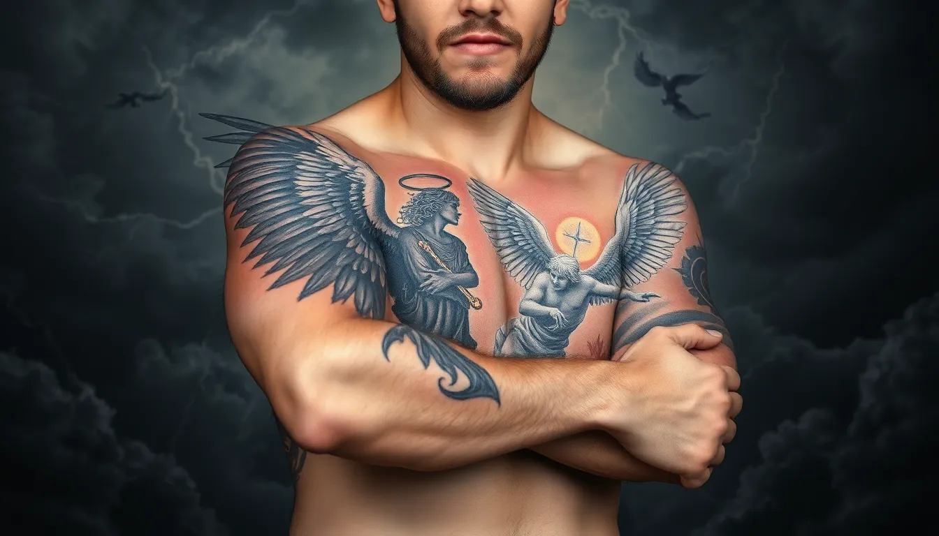 50 Powerful Angel Sleeve Tattoo Ideas for Men - Guardian to Fallen Angel Designs 2 50 Powerful Angel Sleeve Tattoo Ideas for Men - Guardian to Fallen Angel Designs 1