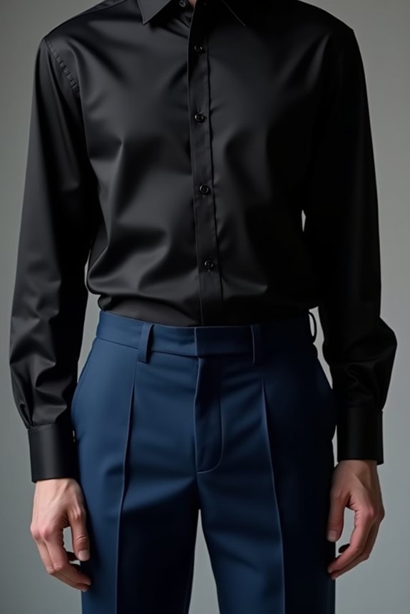bold black shirt blue trousers contrast