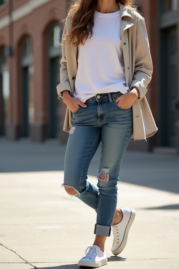 crew neck tee denim sneakers combo
