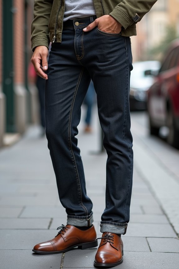 dark brown shoes with dark denim