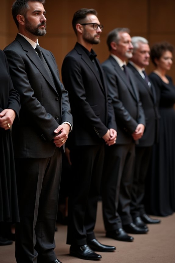 dark modest understated funeral attire
