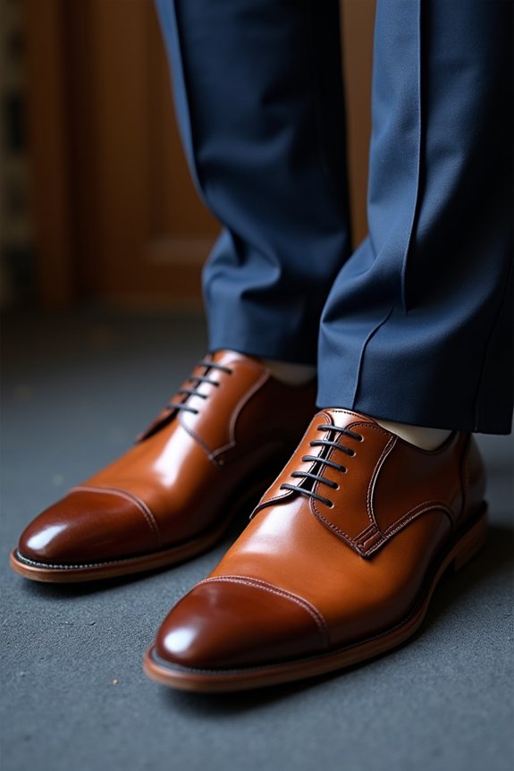 dark navy with dark brown shoes contrasts well