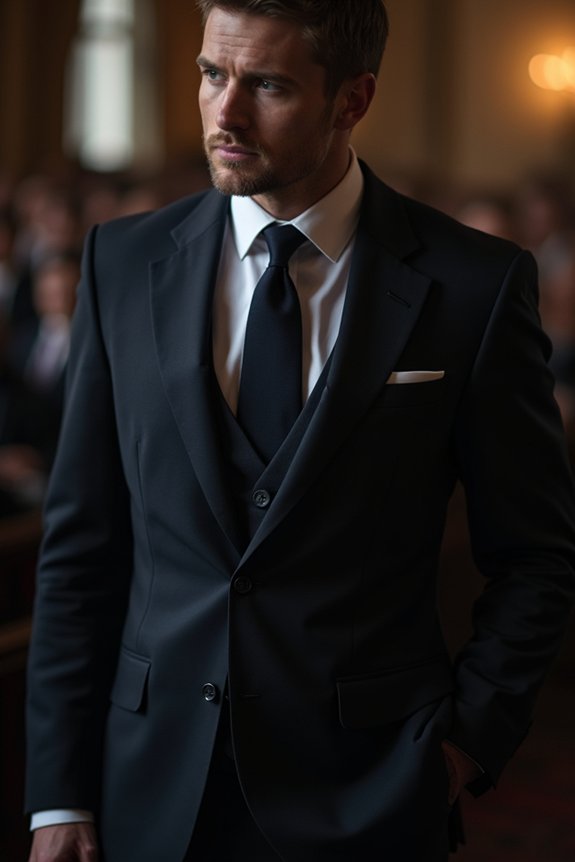 dark suit subdued tie polished shirt