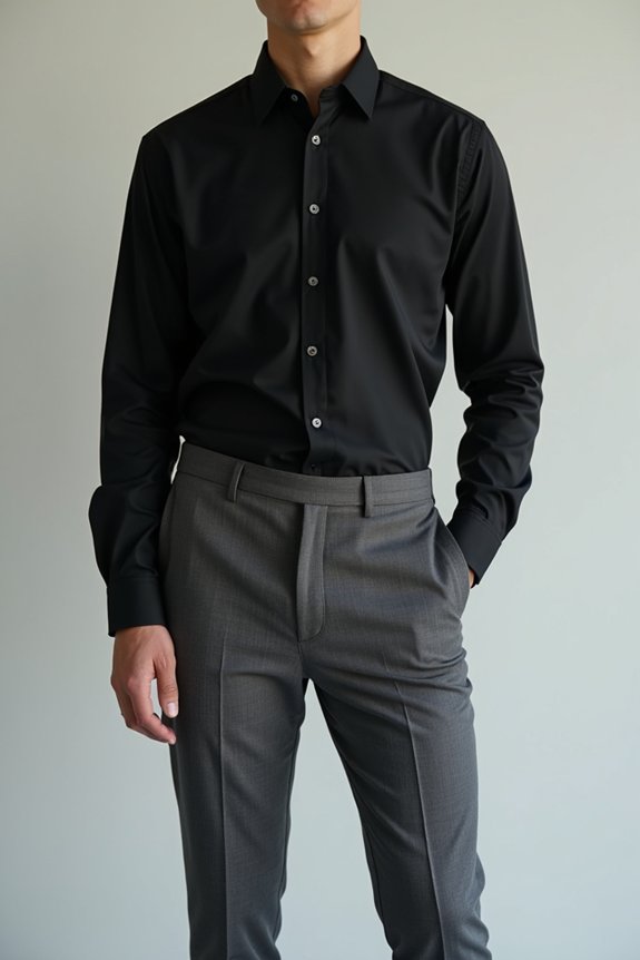 grey trousers black shirt pairing