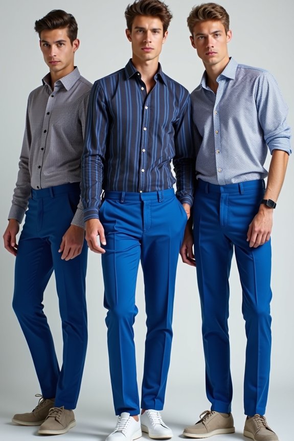 patterned shirts with blue trousers balance